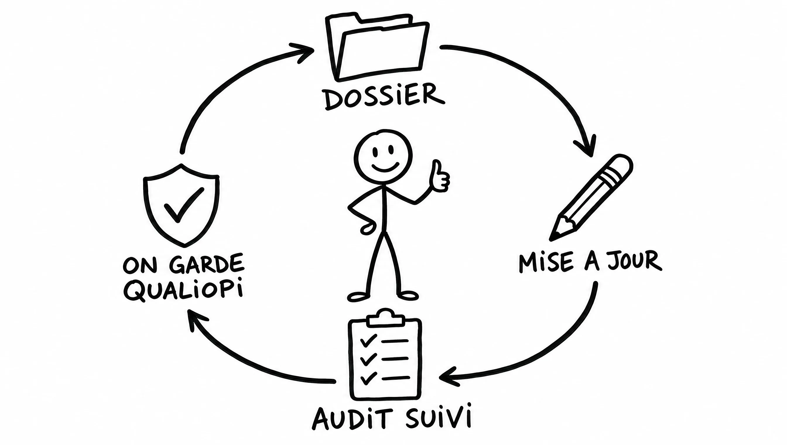 Avant : votre dossier Qualiopi n'est plus à jour et l'audit de suivi approche. On reconstitue l'historique et on remet les preuves en ordre. Après : vous passez l'audit de surveillance et vous gardez Qualiopi.