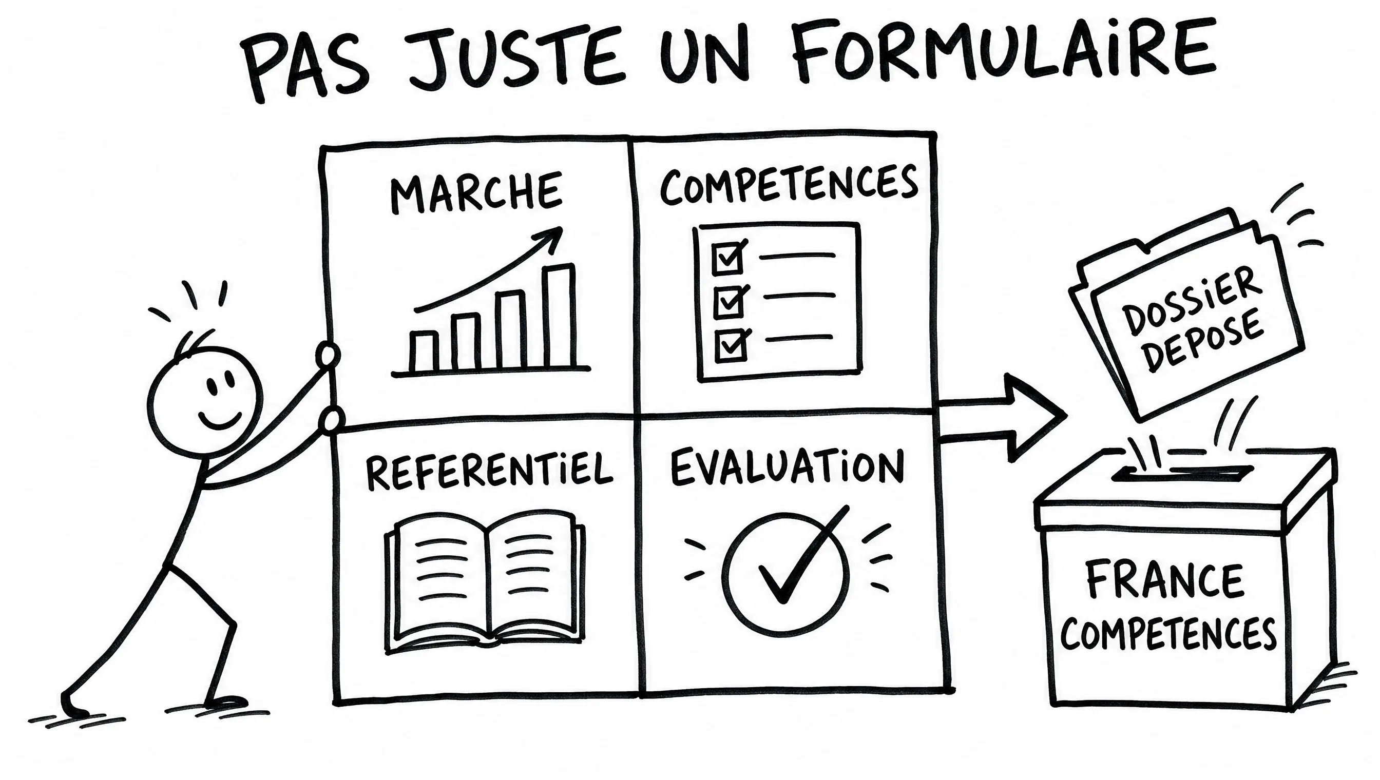 Avant : vous croyez qu'inscrire une formation au RS ou au RNCP est un simple formulaire. En réalité France Compétences attend un référentiel, un marché, des compétences et une évaluation. On construit le dossier complet et on le dépose.